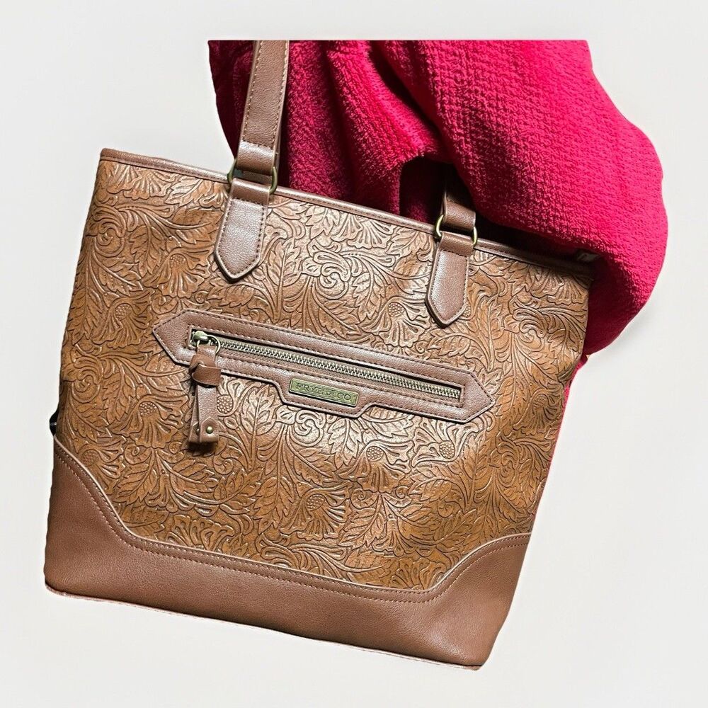 FRYE & CO Faux Leather Embossed Cognac Floral Shoulder Tote Bag Purse Brown
